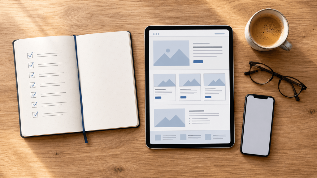 Web design project checklist, tablet displaying portfolio wireframes, smartphone, coffee and spectacles arranged on a wooden desk.