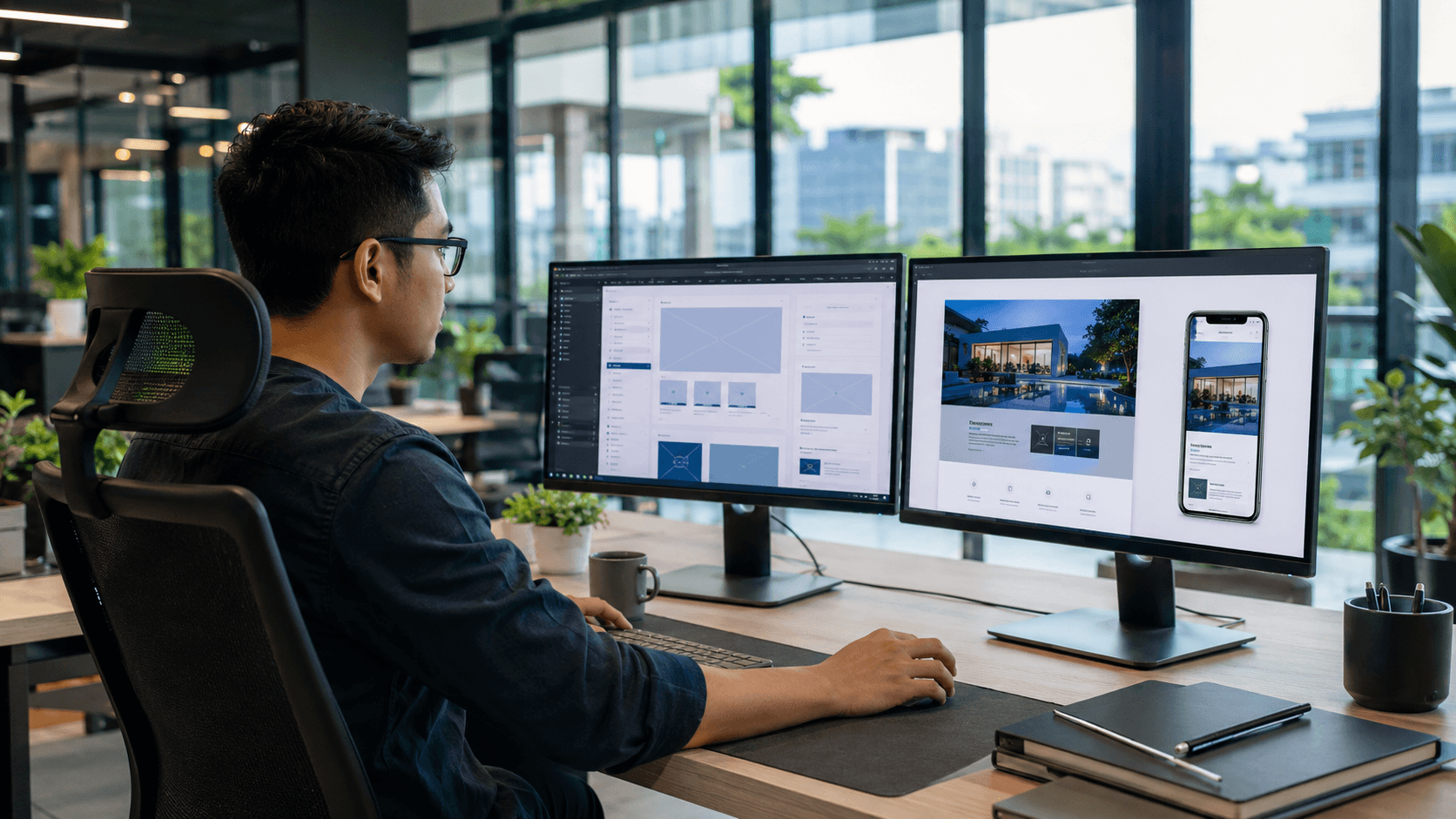 Malaysian web designer working on website wireframes and responsive desktop and mobile layouts in a modern co-working space.